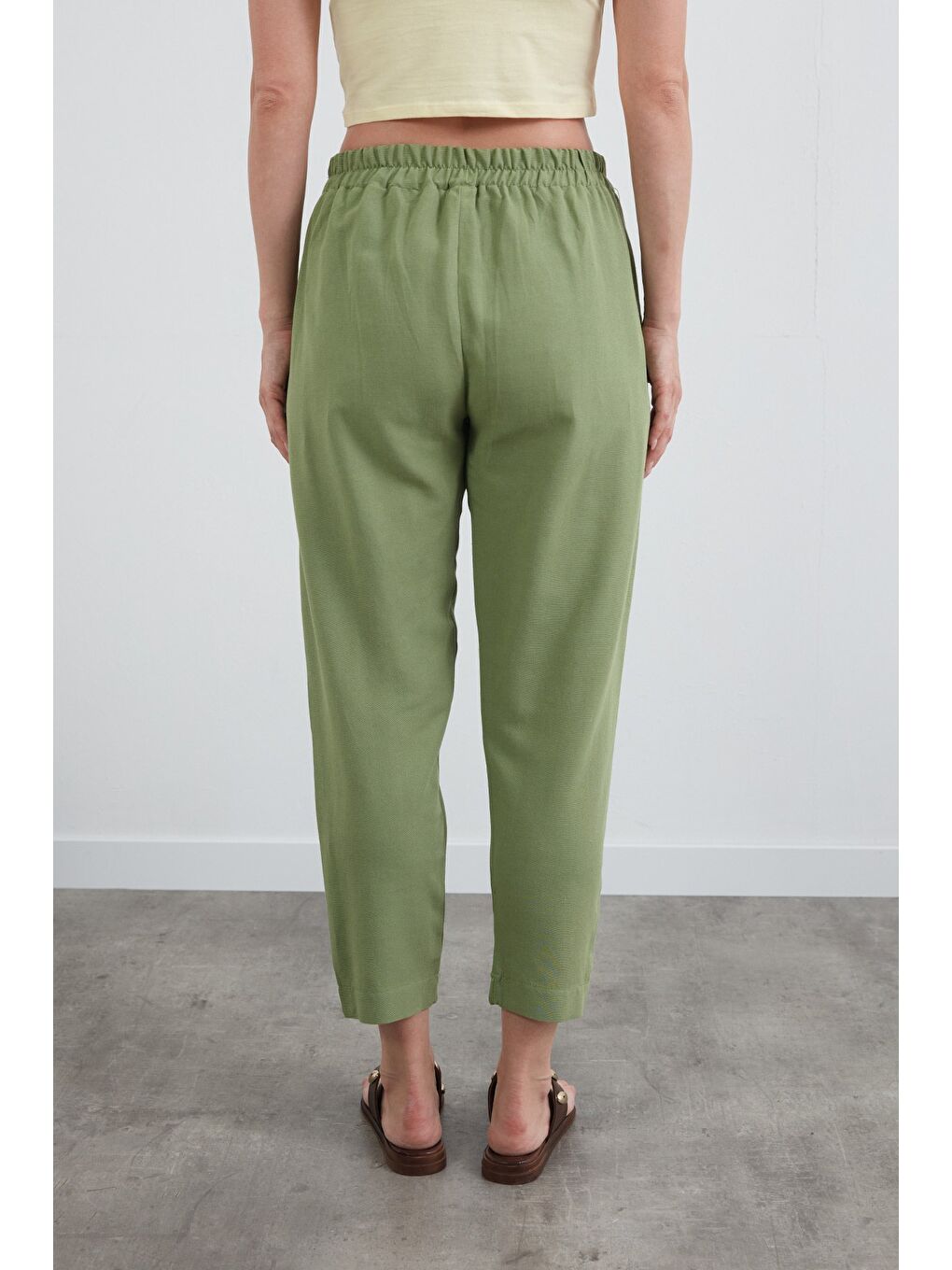Yeşil Beli Bağlamalı Straight Keten Pantolon-3