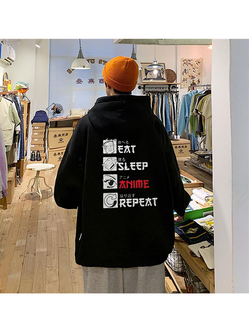 Touz Moda Siyah Eat Sleep Anime Repeat Sırt Baskılı Siyah Unisex Oversize Kapüşonlu Sweatshirt