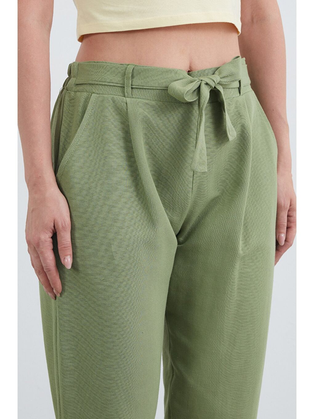 Yeşil Beli Bağlamalı Straight Keten Pantolon-4