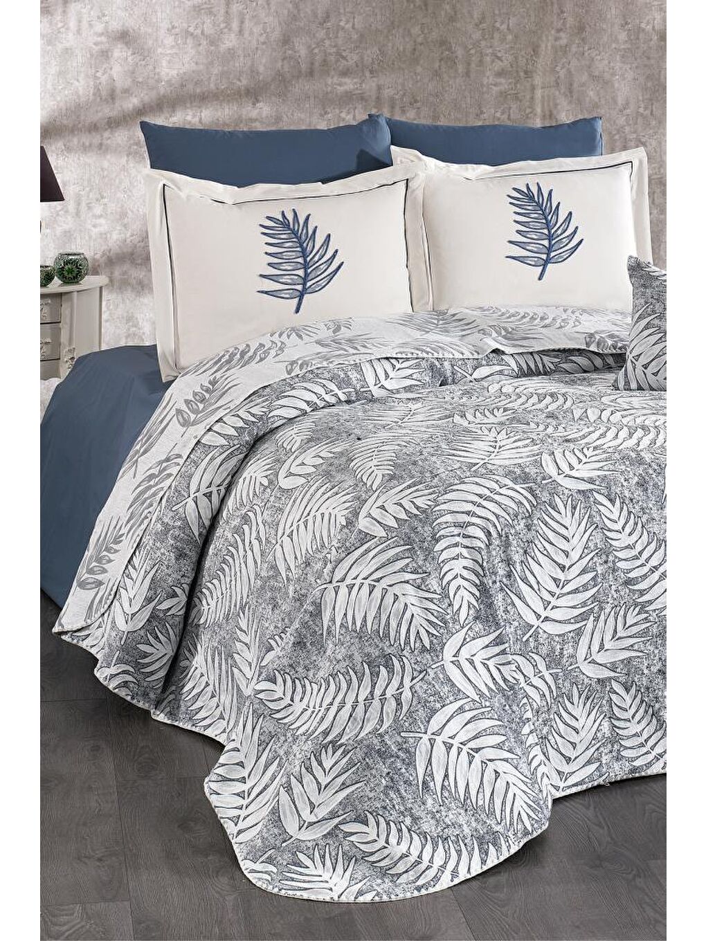 Karışık Palmiye 7 Parça Şönil Pike Takımı Krem - Gri-1