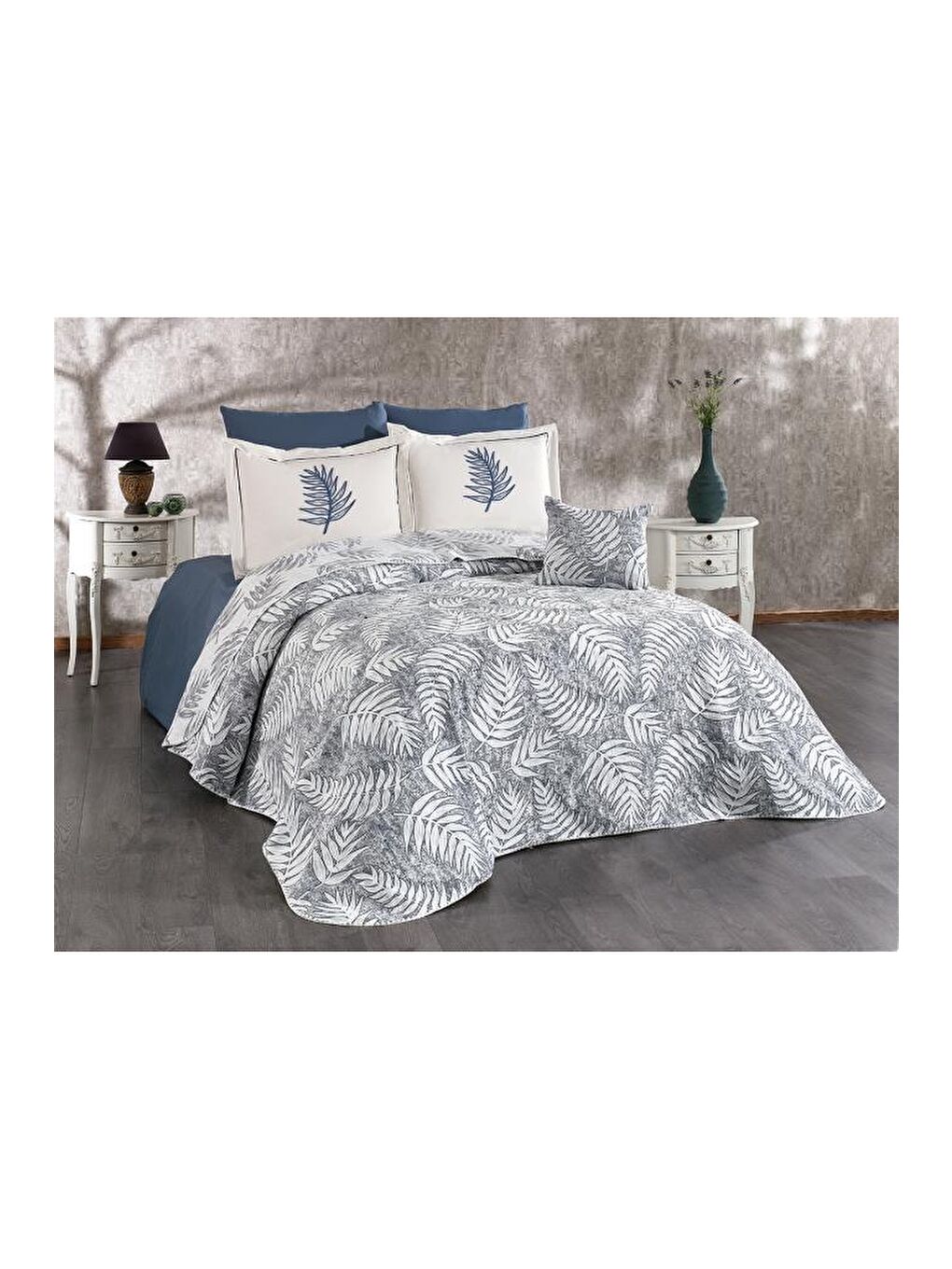 Karışık Palmiye 7 Parça Şönil Pike Takımı Krem - Gri-2