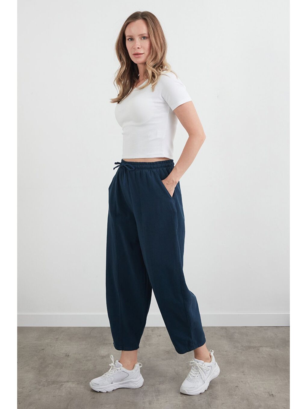 Lacivert Beli Lastikli Yüksek Bel Keten Şalvar Pantolon
