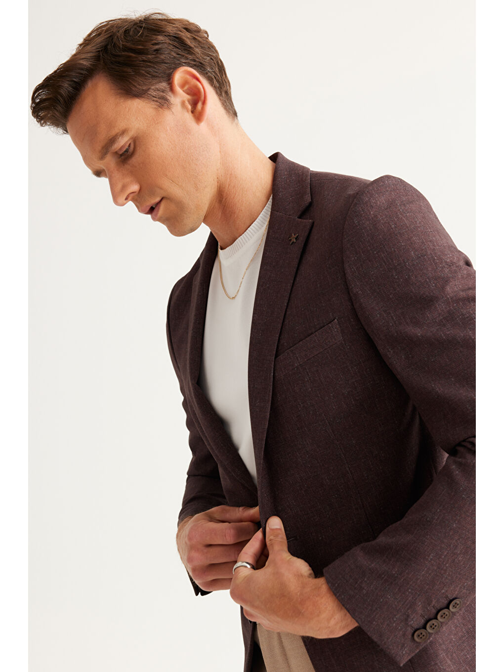 Erkek Siyah-Kahverengi Slim Fit Dar Kesim Mono Yaka Desenli Ceket-2