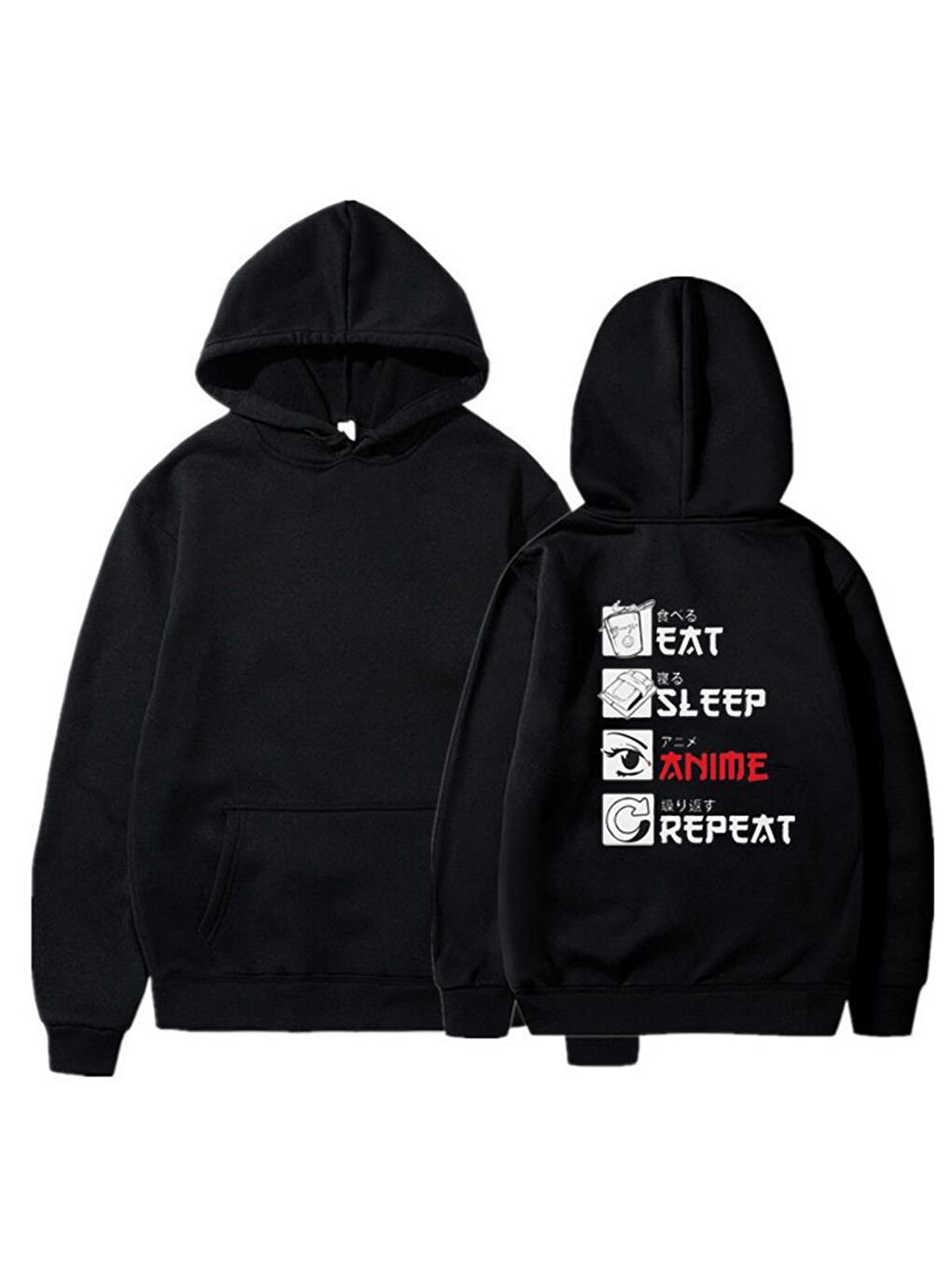 Touz Moda Siyah Eat Sleep Anime Repeat Sırt Baskılı Siyah Unisex Oversize Kapüşonlu Sweatshirt - 1