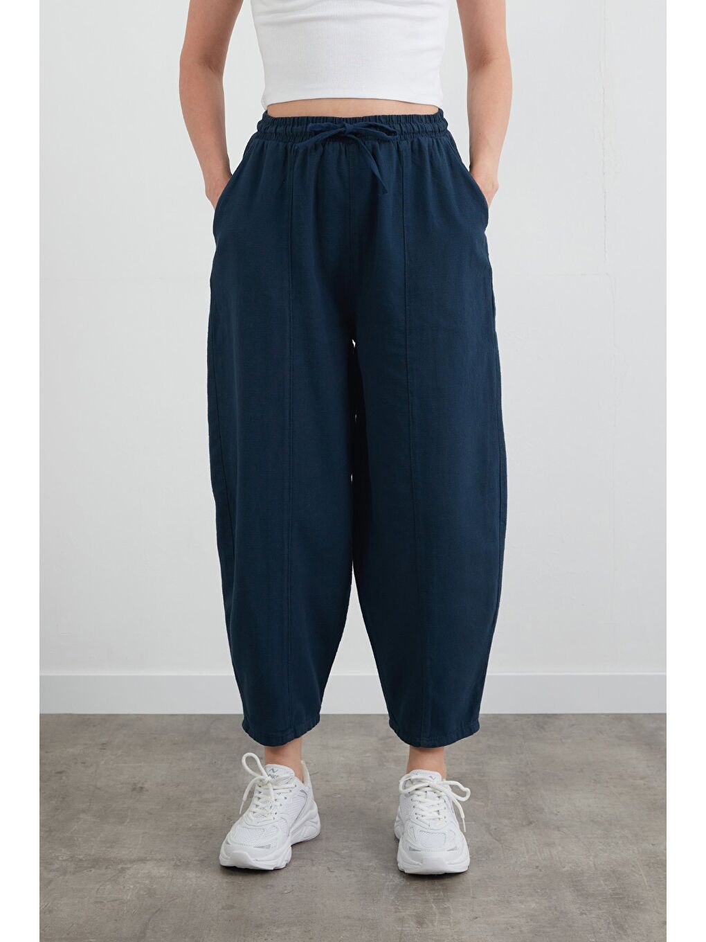 Lacivert Beli Lastikli Yüksek Bel Keten Şalvar Pantolon-2