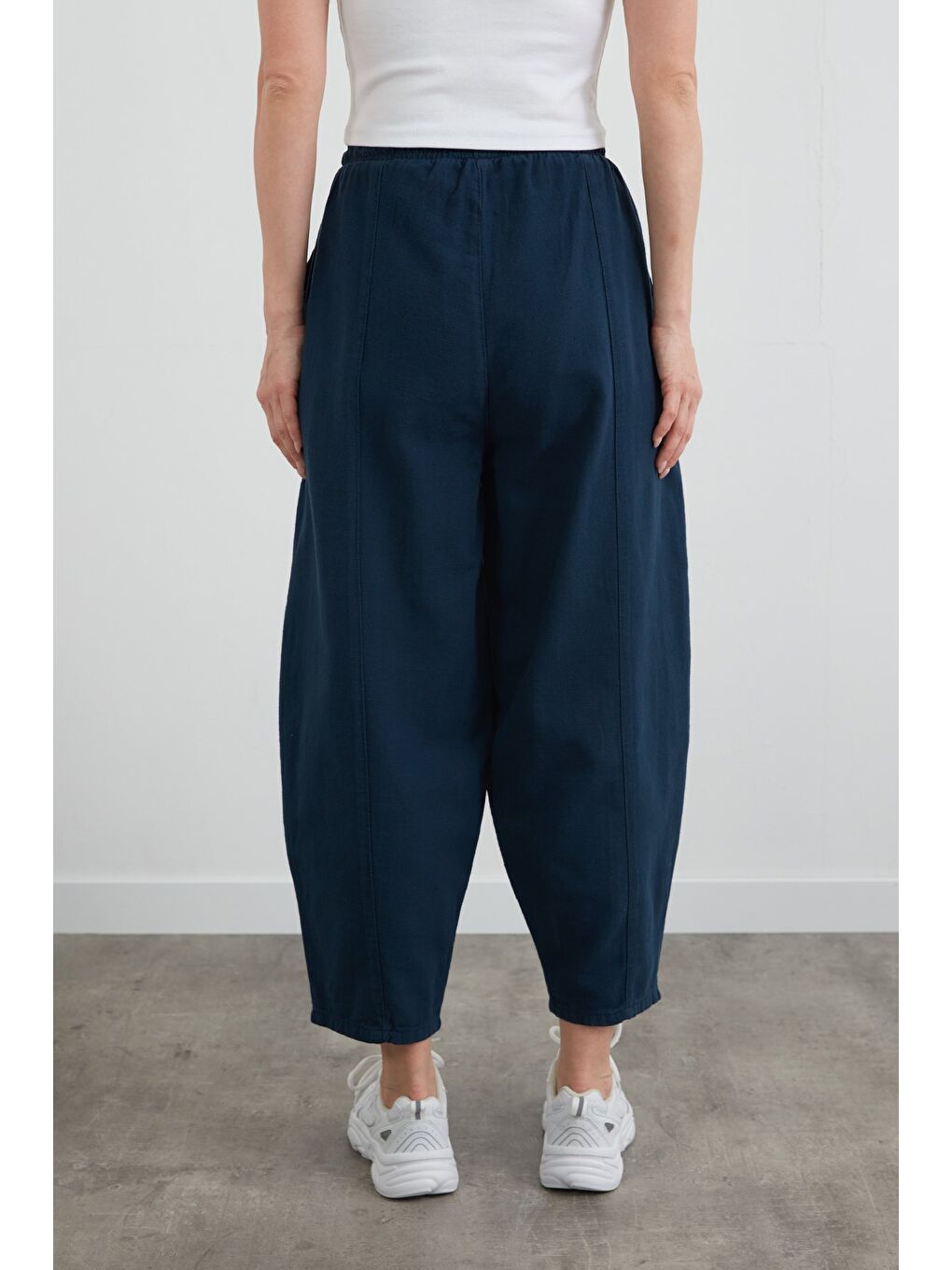 Lacivert Beli Lastikli Yüksek Bel Keten Şalvar Pantolon-3