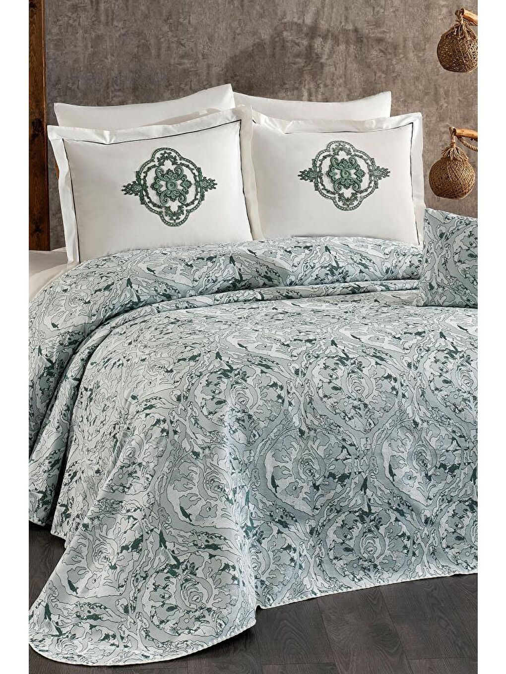 Karışık Elit 7 Parça Şönil Pike Takımı Krem - Yeşil-1