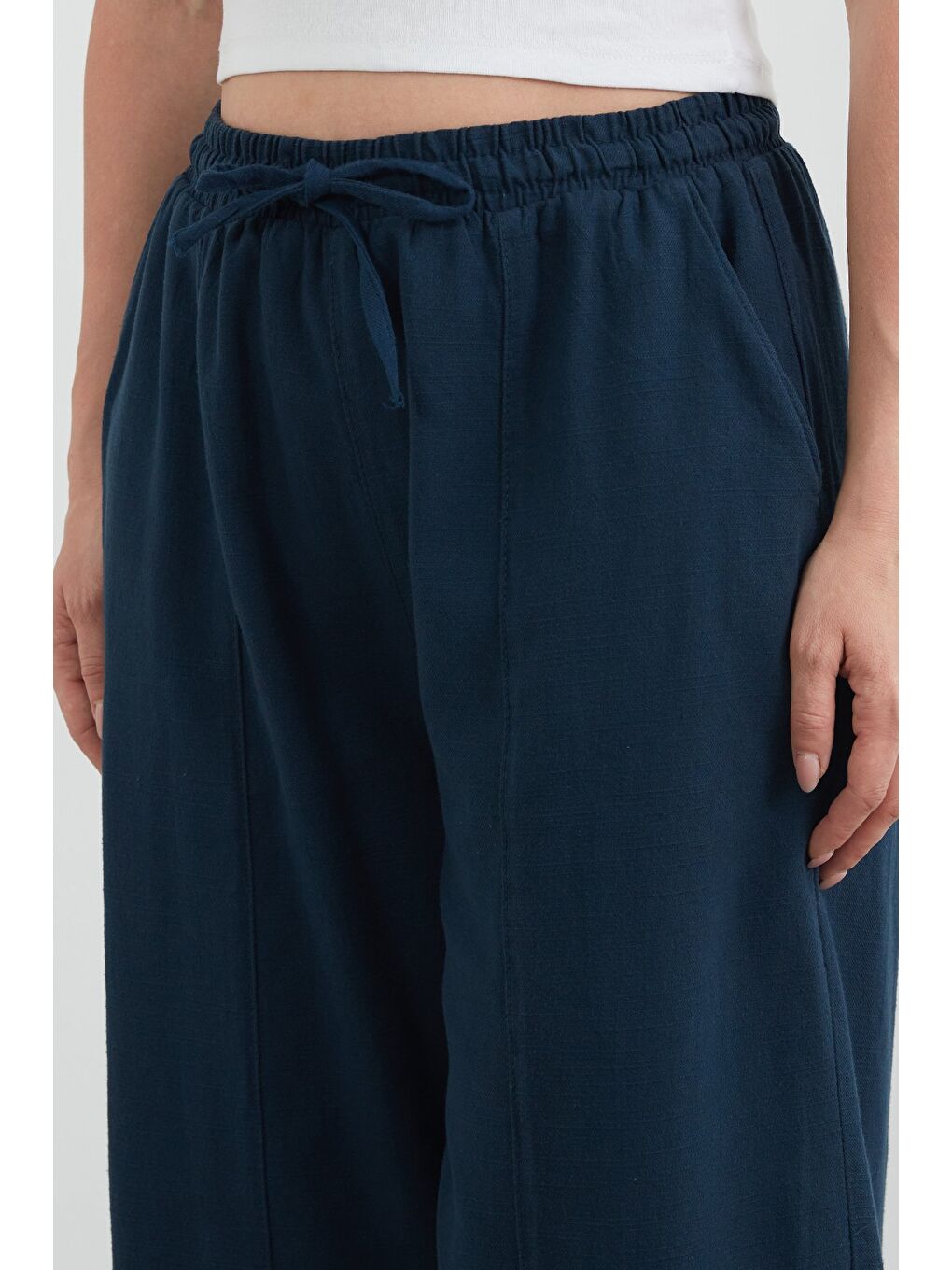 Lacivert Beli Lastikli Yüksek Bel Keten Şalvar Pantolon-4