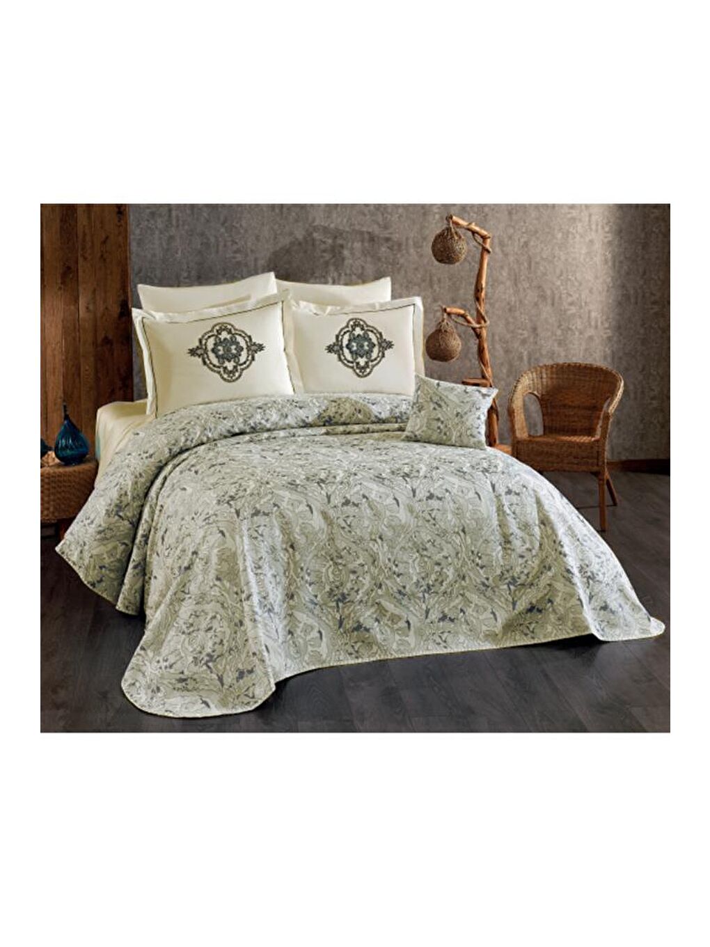 Karışık Elit 7 Parça Şönil Pike Takımı Krem - Gri-1