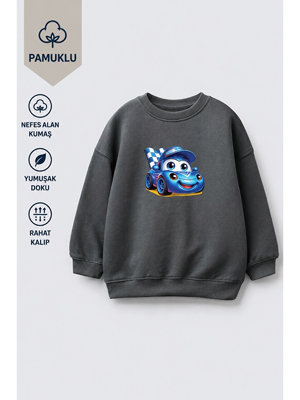 Antrasit Erkek Çocuk 3 İplik Kumaş Araba Baskılı Pamuklu Sweatshirt-2