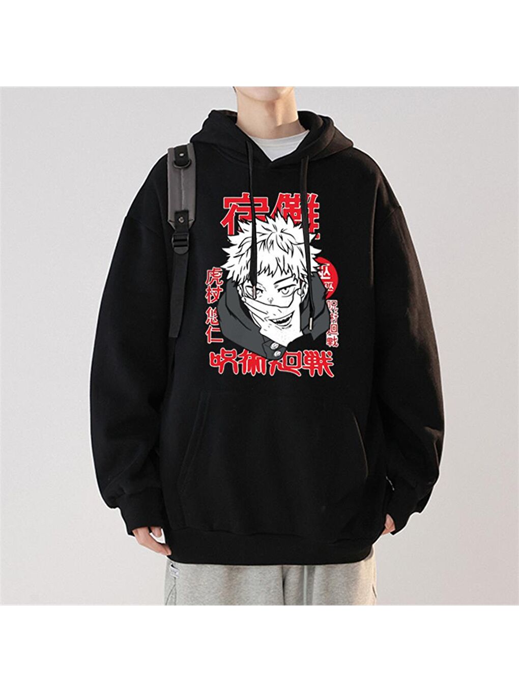 Touz Moda Siyah Jujutsu Kaisen Poster Baskılı Siyah Unisex Oversize Kapüşonlu Sweatshirt