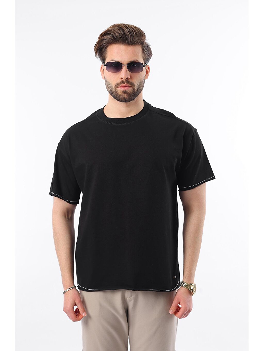 Siyah Bisiklet Yaka Basic Erkek Tişört E7105-1