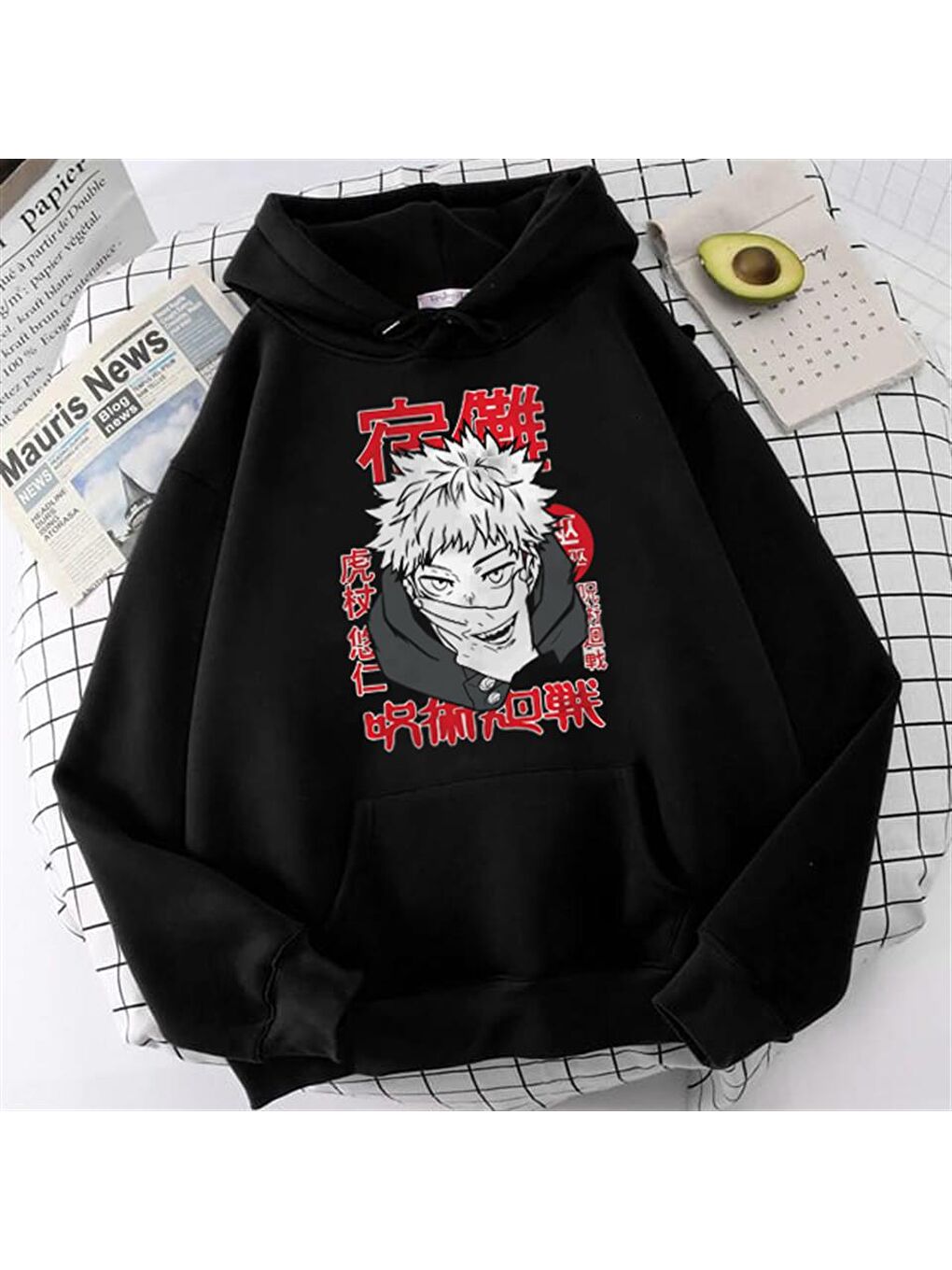 Touz Moda Siyah Jujutsu Kaisen Poster Baskılı Siyah Unisex Oversize Kapüşonlu Sweatshirt - 1