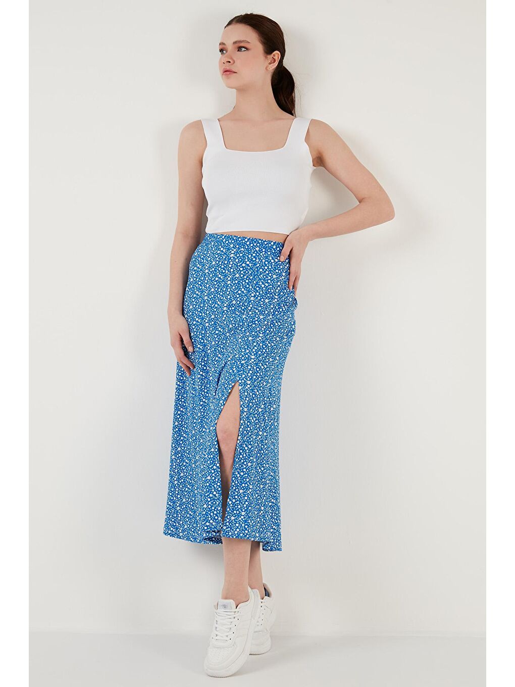 Mavi Desenli Midi Boy Yırtmaçlı Etek 5864498-1