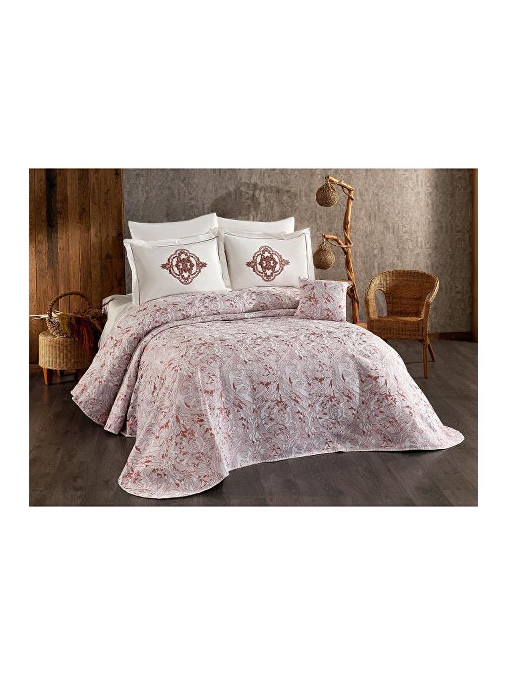 Karışık Elit 7 Parça Şönil Pike Takımı Krem - Bordo-1