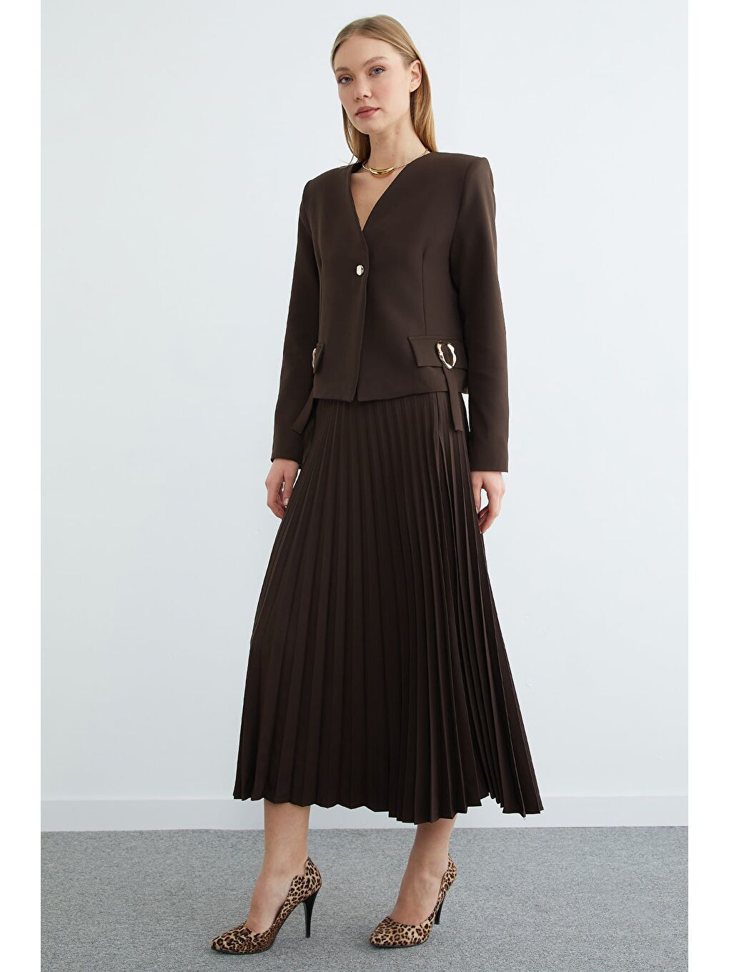 Kahverengi Fullamodest Toka Detaylı Etekli 2 Li Takım