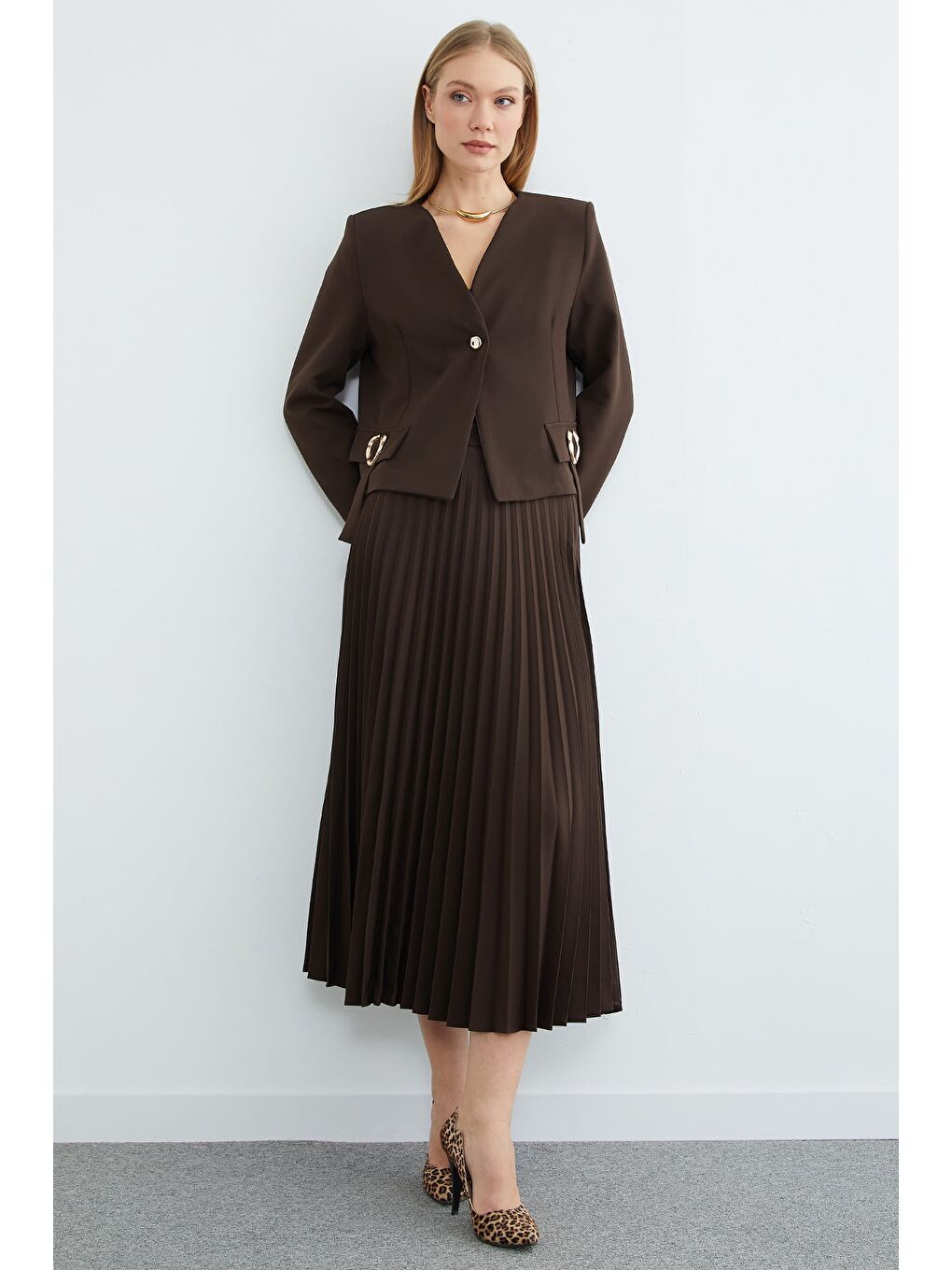 Kahverengi Fullamodest Toka Detaylı Etekli 2 Li Takım-2