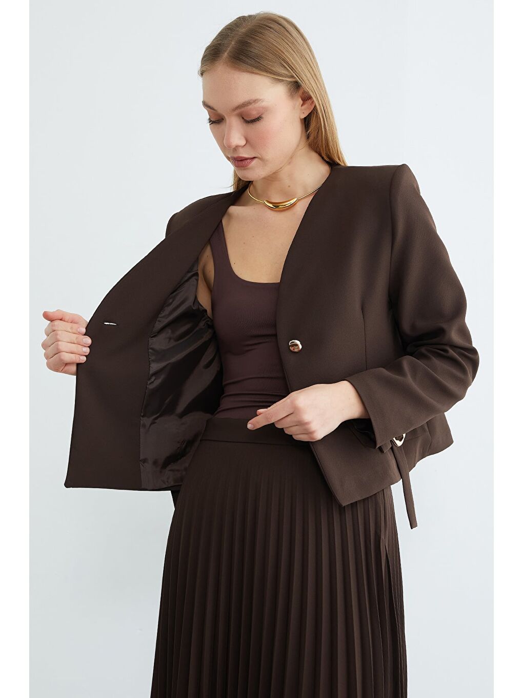 Kahverengi Fullamodest Toka Detaylı Etekli 2 Li Takım-3