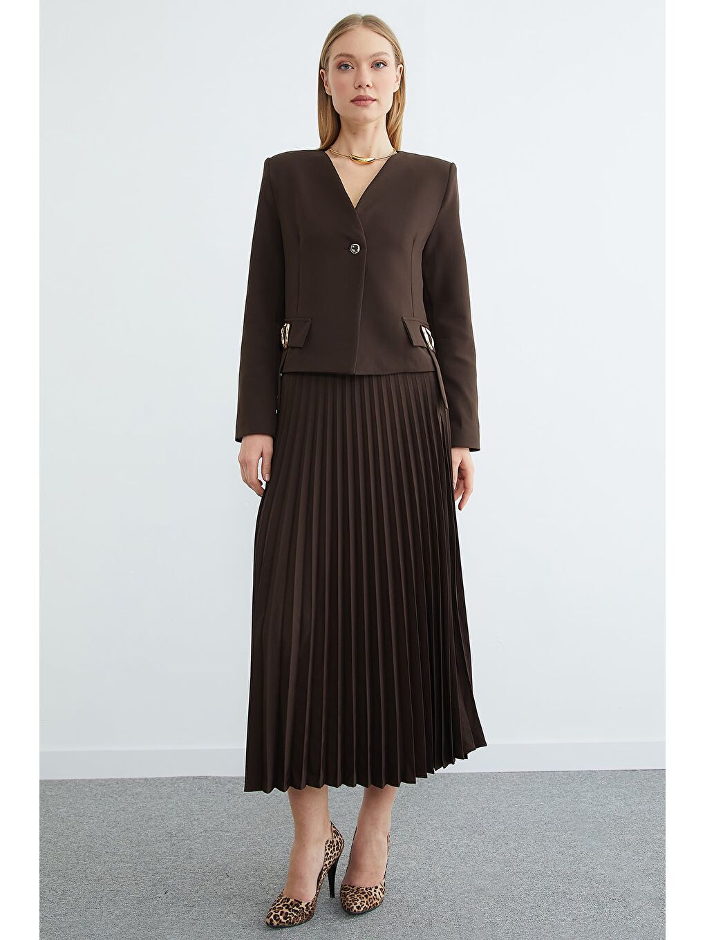 Kahverengi Fullamodest Toka Detaylı Etekli 2 Li Takım-4