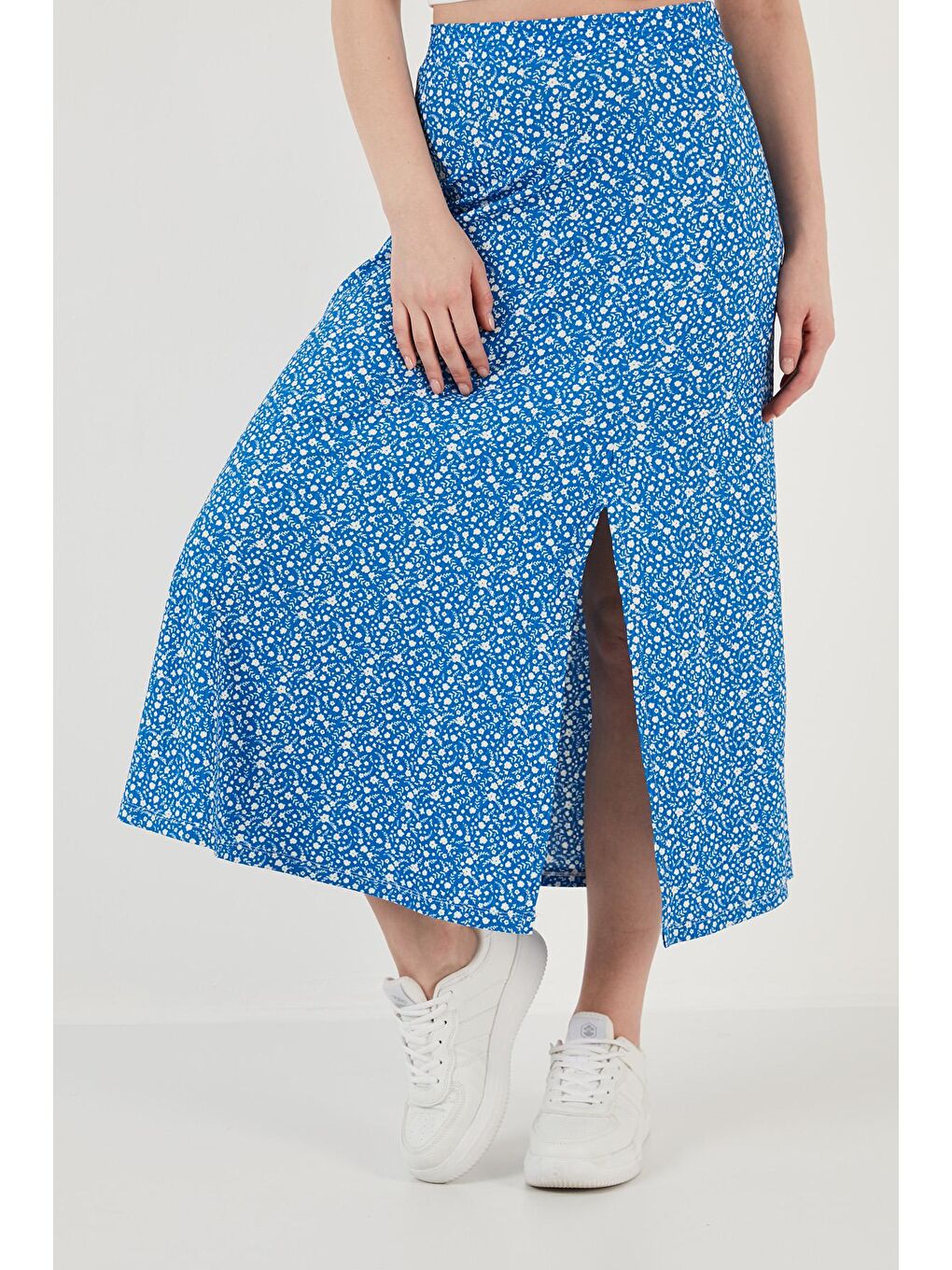 Mavi Desenli Midi Boy Yırtmaçlı Etek 5864498-2