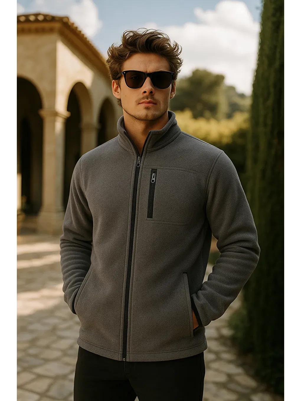 Gri Erkek Kalın Fermuarlı Kışlık Cepli Füme Polar Ceket