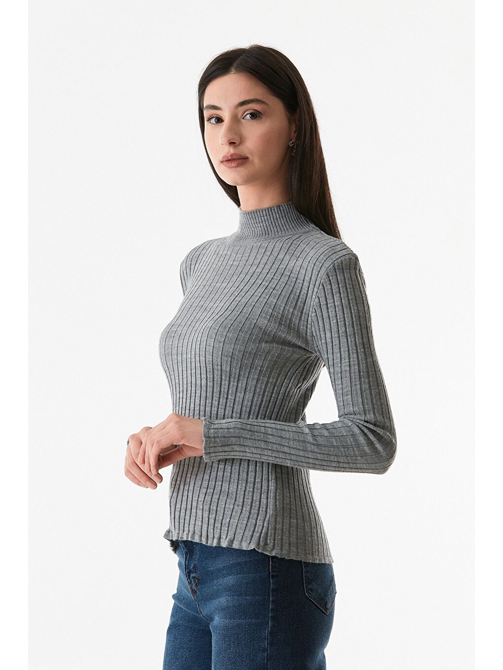 Gri Fitilli Dik Yaka Triko Kazak-2