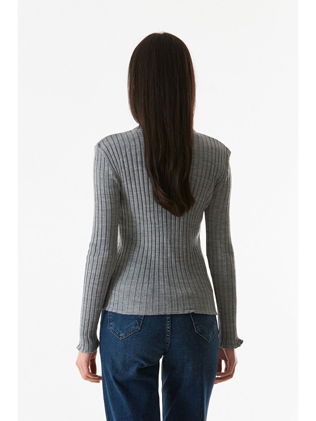 Gri Fitilli Dik Yaka Triko Kazak-3