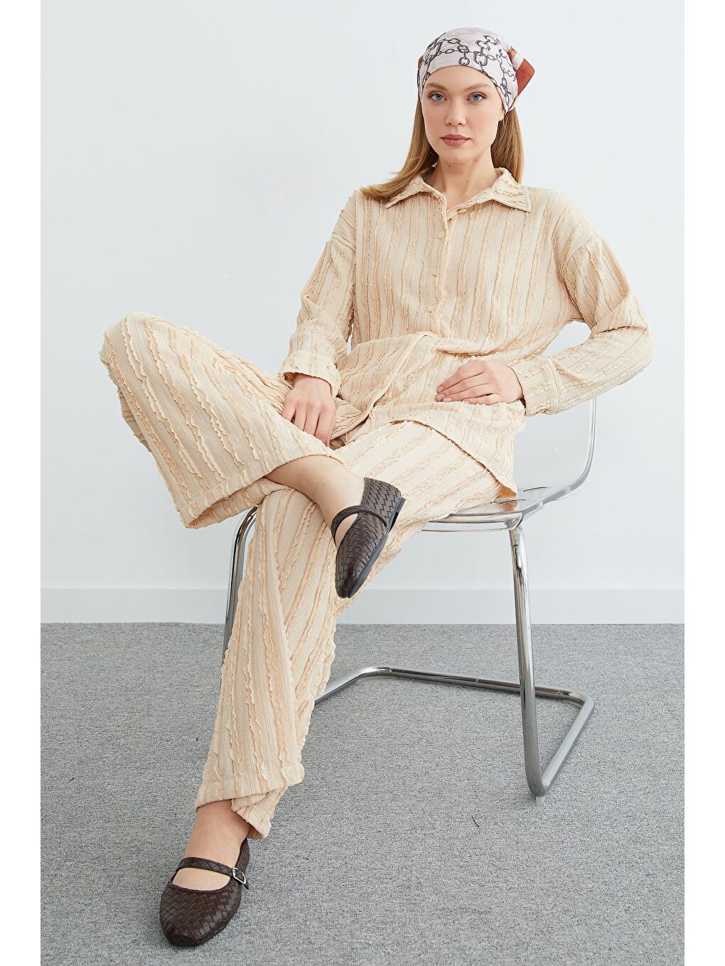 Bej Fullamodest Krep Kumaş Salaş 2 Li Takım-1