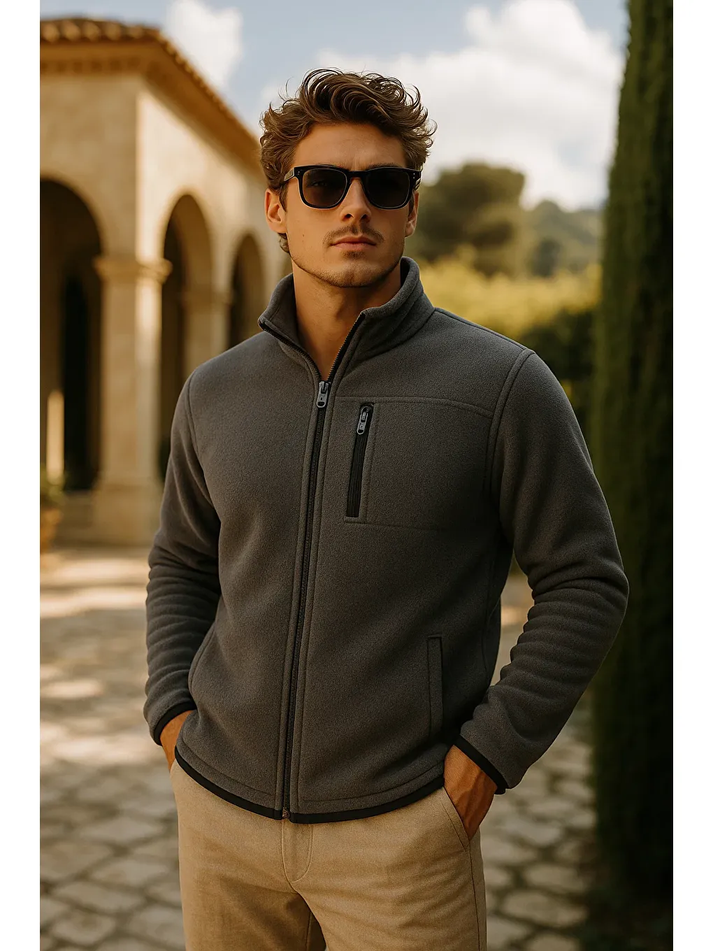 Gri Erkek Kalın Fermuarlı Kışlık Cepli Füme Polar Ceket-1