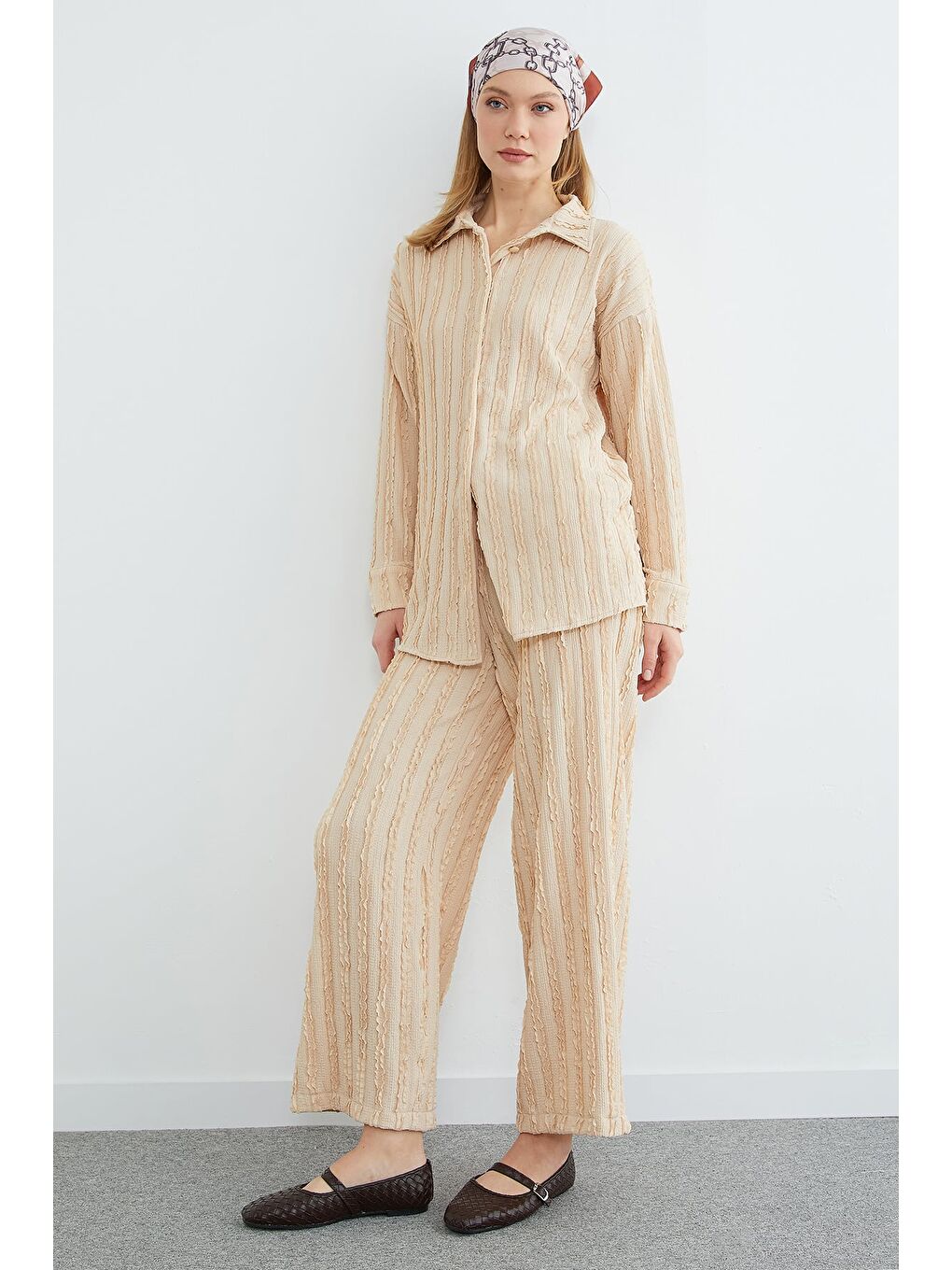 Bej Fullamodest Krep Kumaş Salaş 2 Li Takım-2