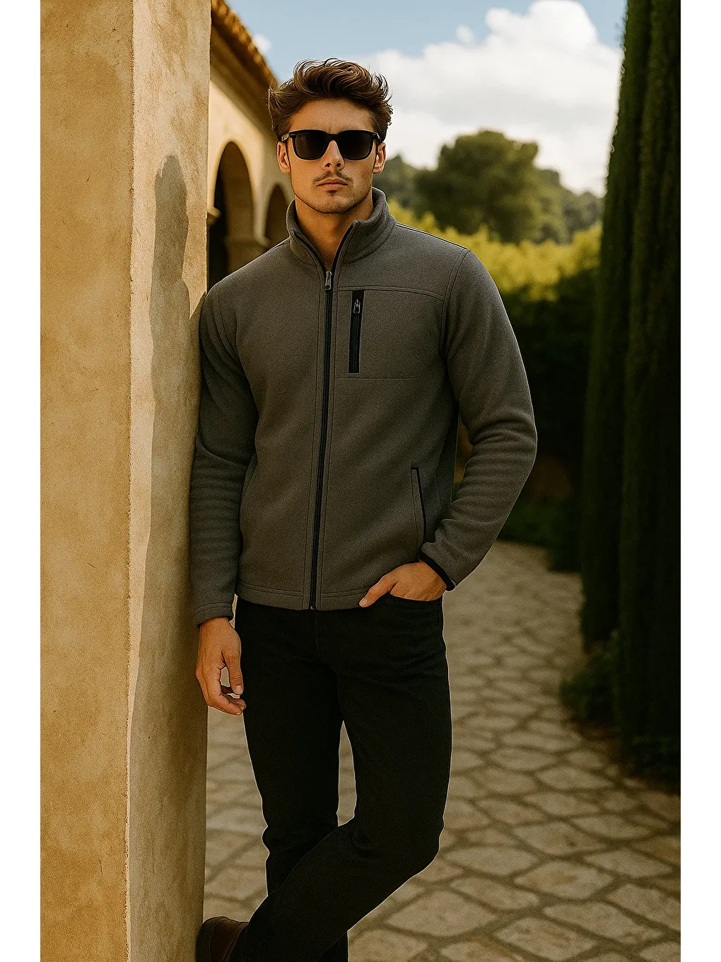 Gri Erkek Kalın Fermuarlı Kışlık Cepli Füme Polar Ceket-2
