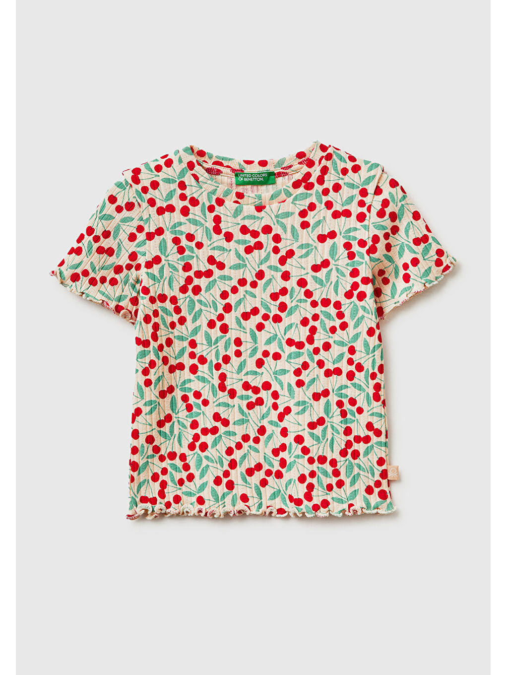 Kız Çocuk Yeşil-Kırmızı Logolu Baskılı Fırfır Detaylı Ribanalı Bisiklet Yaka T-Shirt