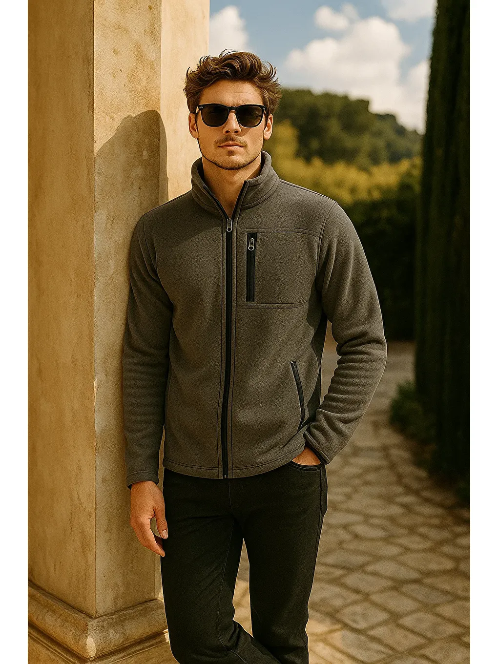 Gri Erkek Kalın Fermuarlı Kışlık Cepli Füme Polar Ceket-3