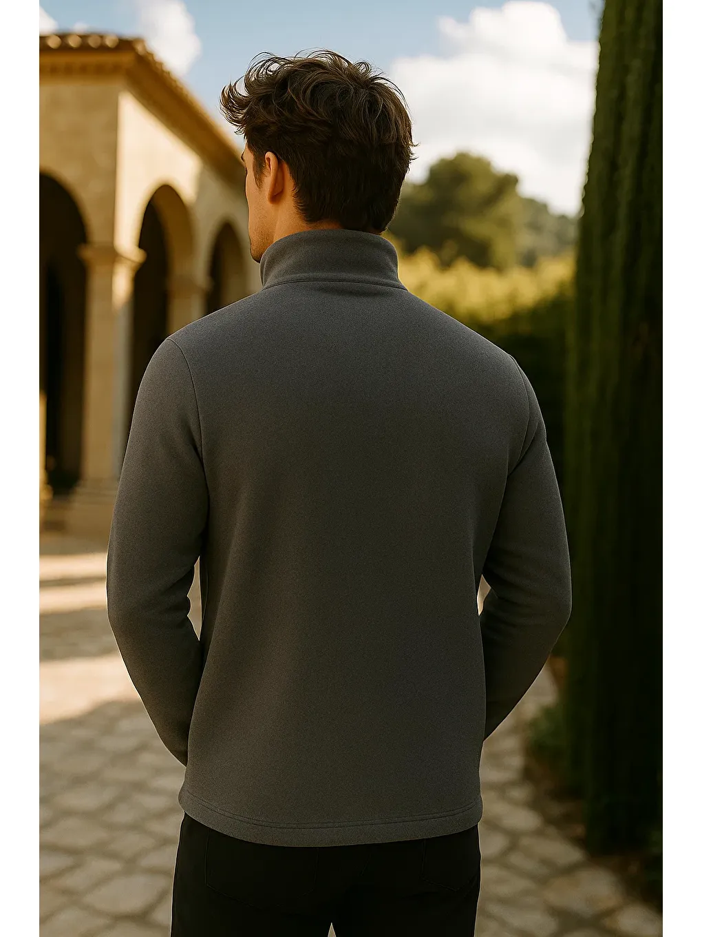 Gri Erkek Kalın Fermuarlı Kışlık Cepli Füme Polar Ceket-4