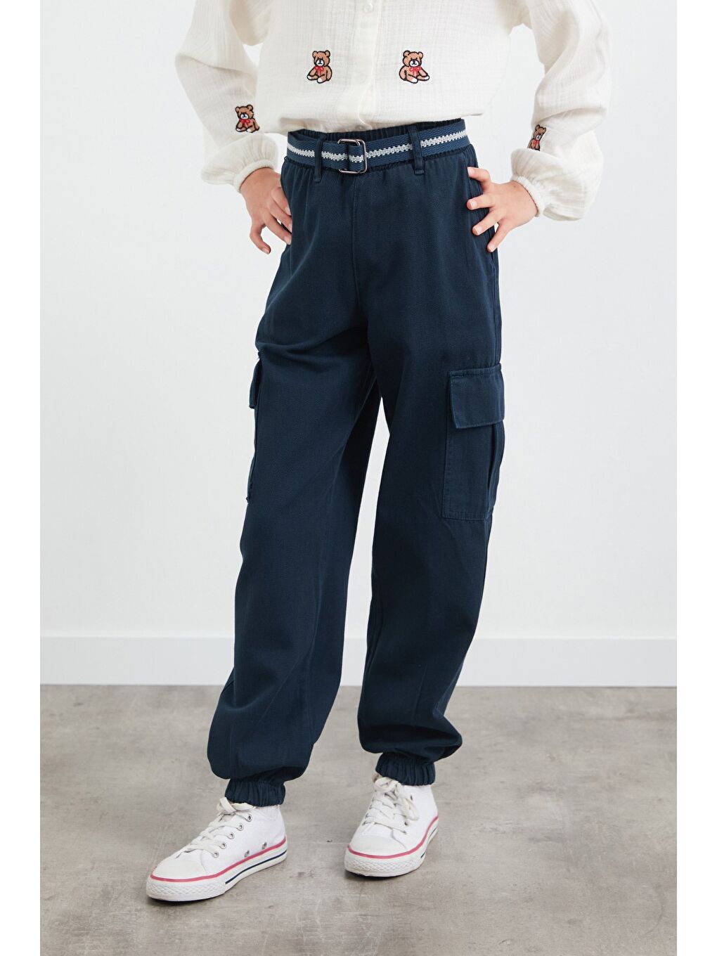 Lacivert Kemerli Kargo Cepli Jogger Kız Çocuk Pantolon-1