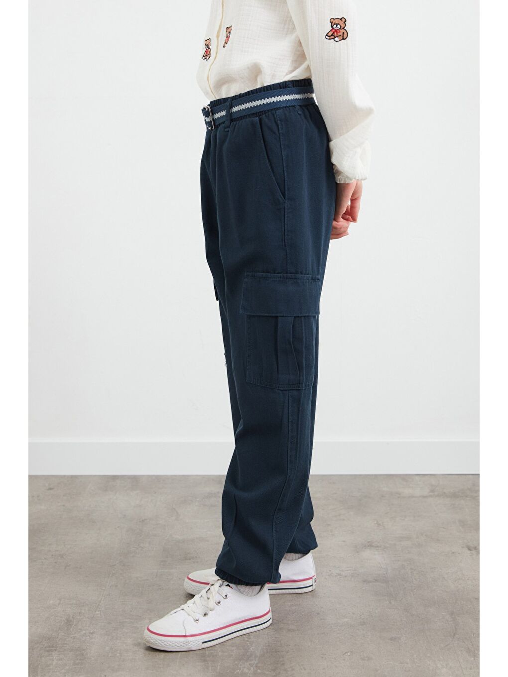 Lacivert Kemerli Kargo Cepli Jogger Kız Çocuk Pantolon-3