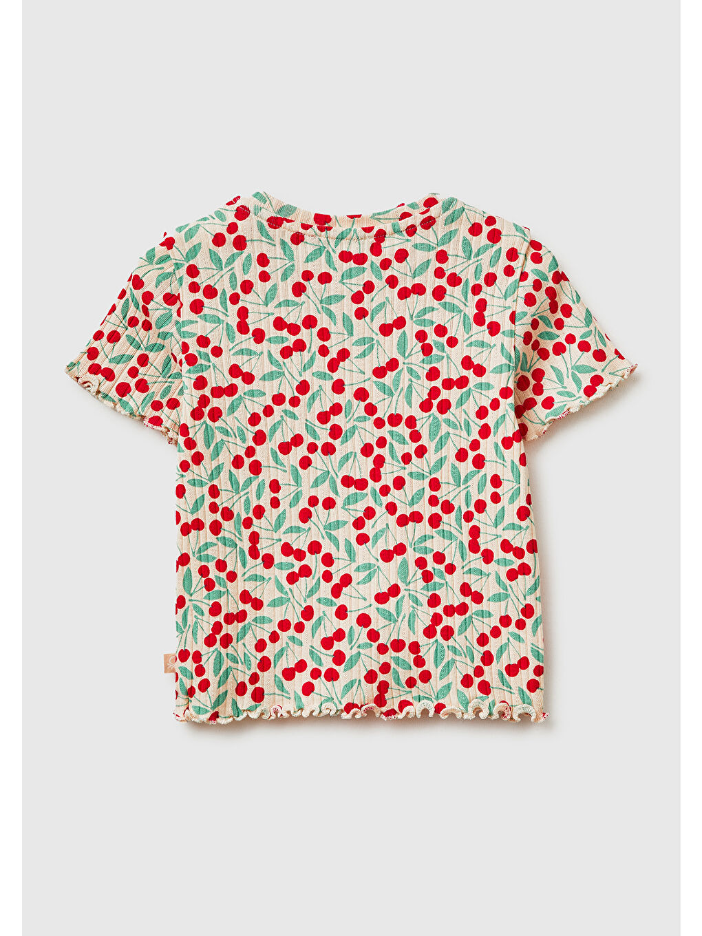 Kız Çocuk Yeşil-Kırmızı Logolu Baskılı Fırfır Detaylı Ribanalı Bisiklet Yaka T-Shirt-1