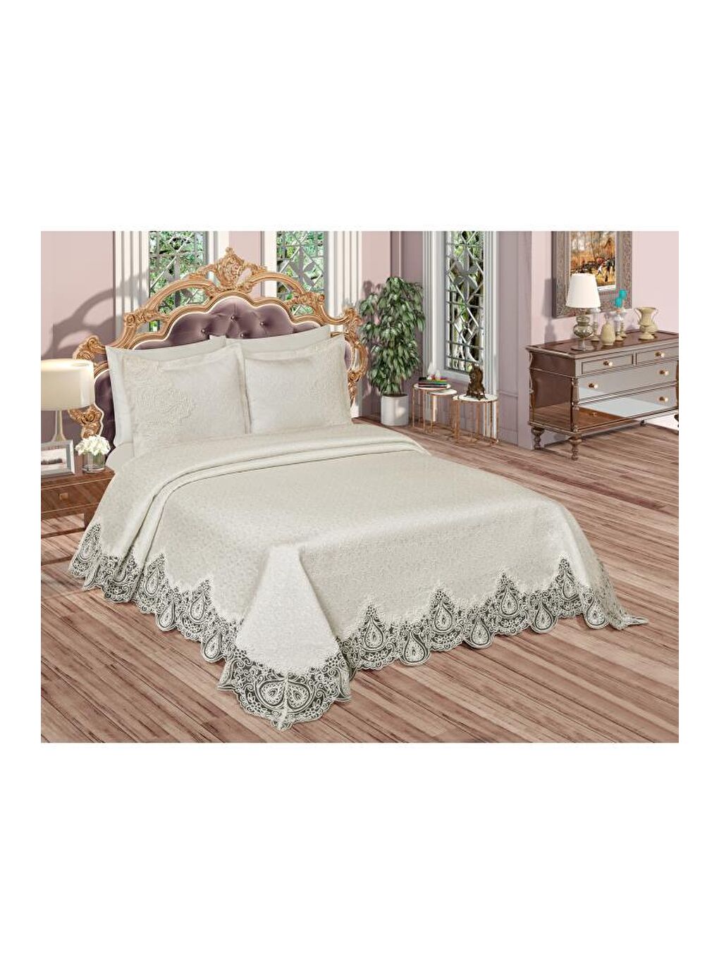 Ekru Farah Brokar Güpürlü Pike Takımı Krem-3