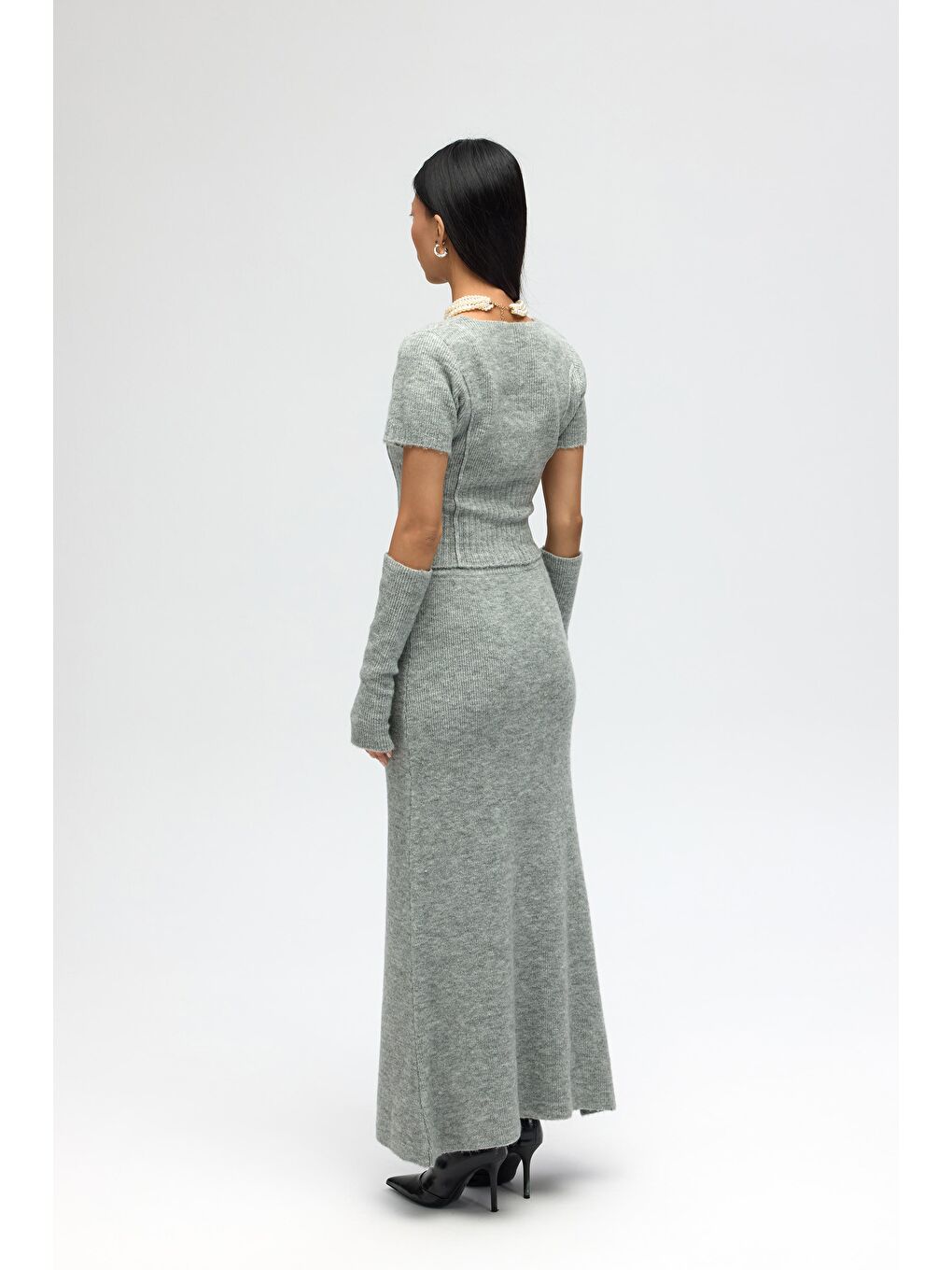 Lumi Gül Detay Gri Crop Etek Triko Takım-3