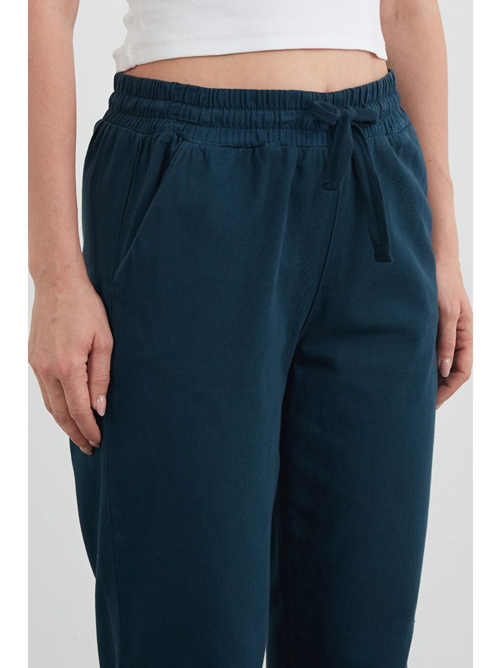 Lacivert Yüksek Bel Beli Lastikli Pantolon-4