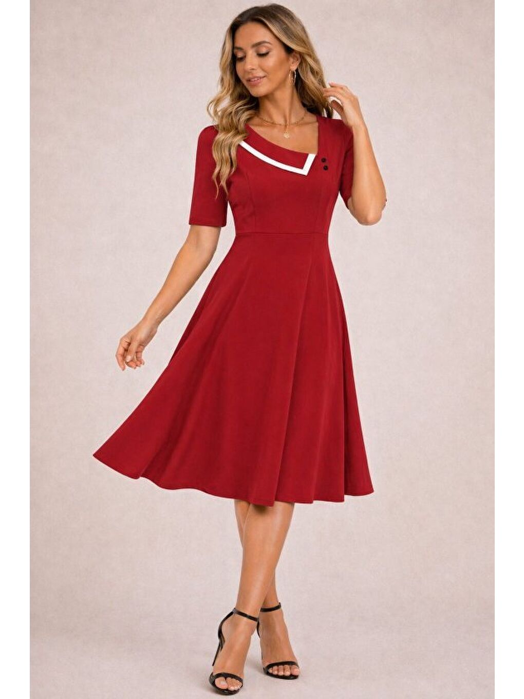 Kırmızı Kadın Kısa Kollu Asimetrik Yaka Detaylı Midi Janjan Krep Elbise-1