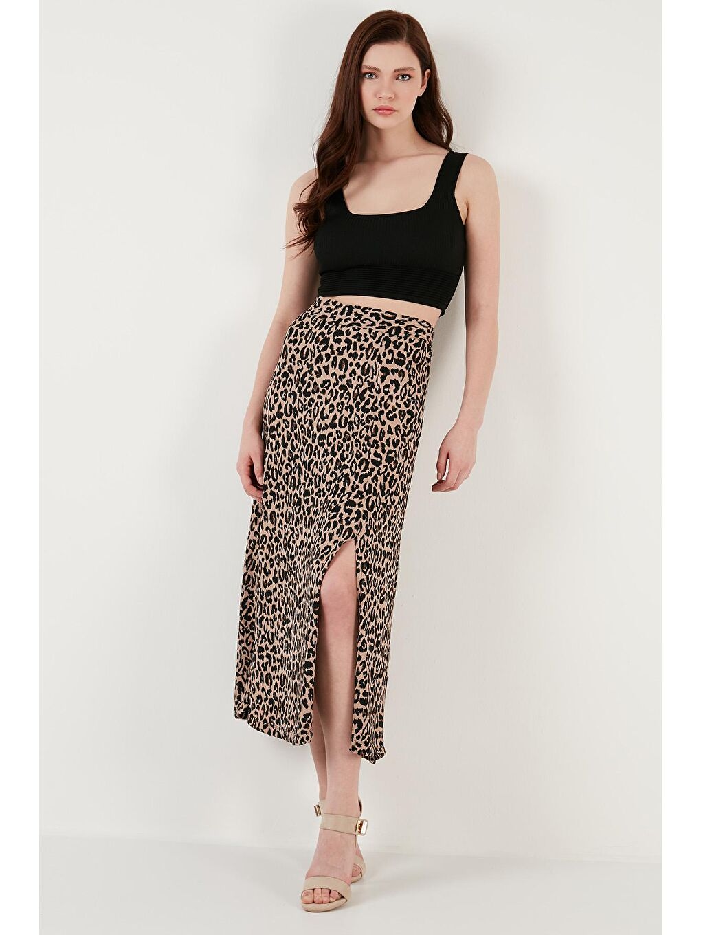 Kahverengi Desenli Midi Boy Yırtmaçlı Etek 5864498