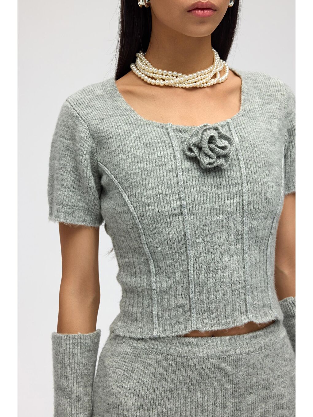 Lumi Gül Detay Gri Crop Etek Triko Takım-7