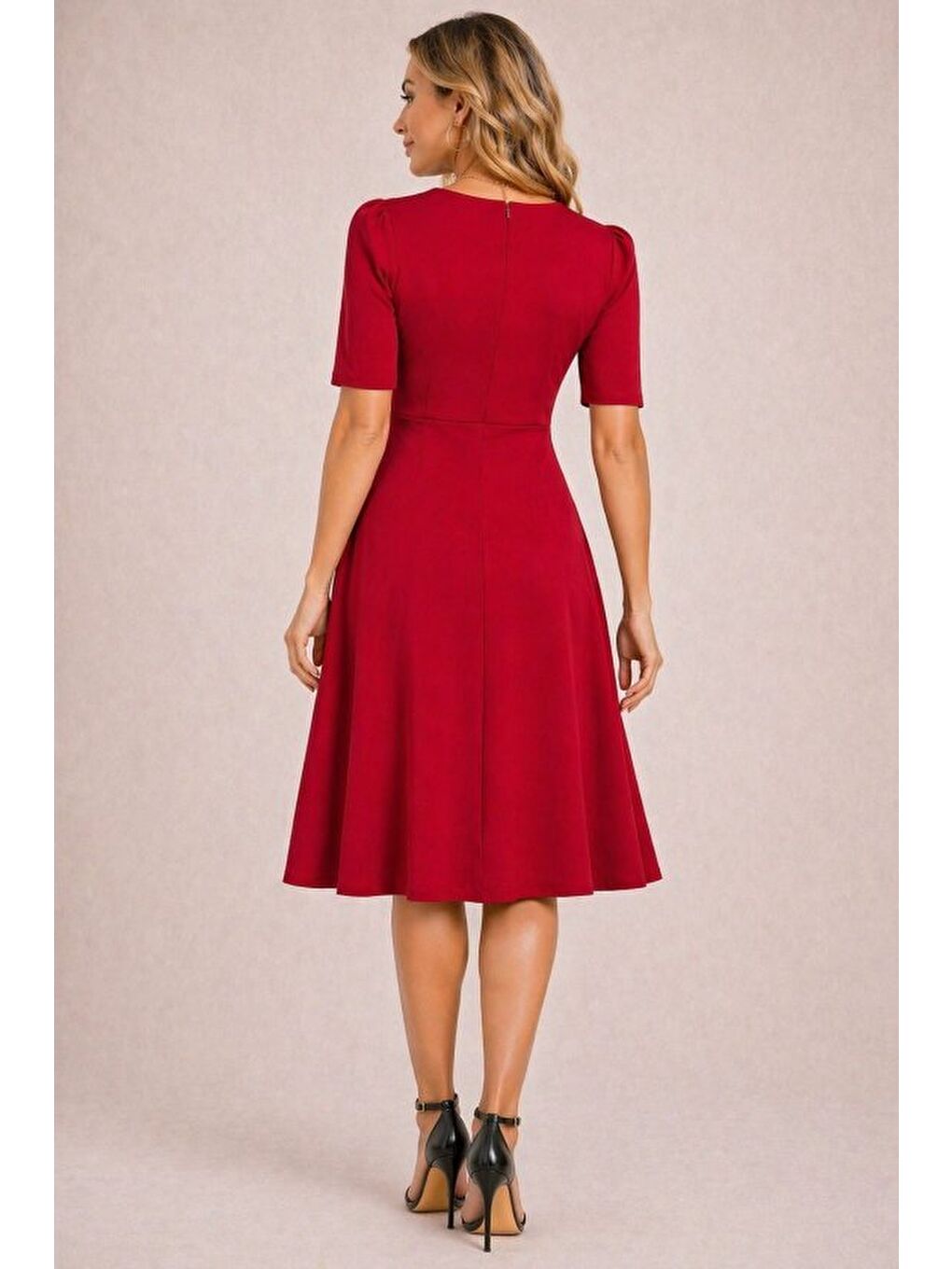 Kırmızı Kadın Kısa Kollu Asimetrik Yaka Detaylı Midi Janjan Krep Elbise-2