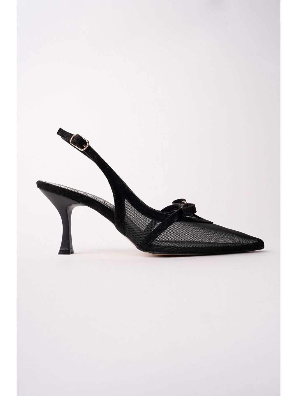 Siyah LOVER Fileli Fiyonk Detaylı Sivri Burun Arkası Açık Kadın Topuklu Ayakkabı-1