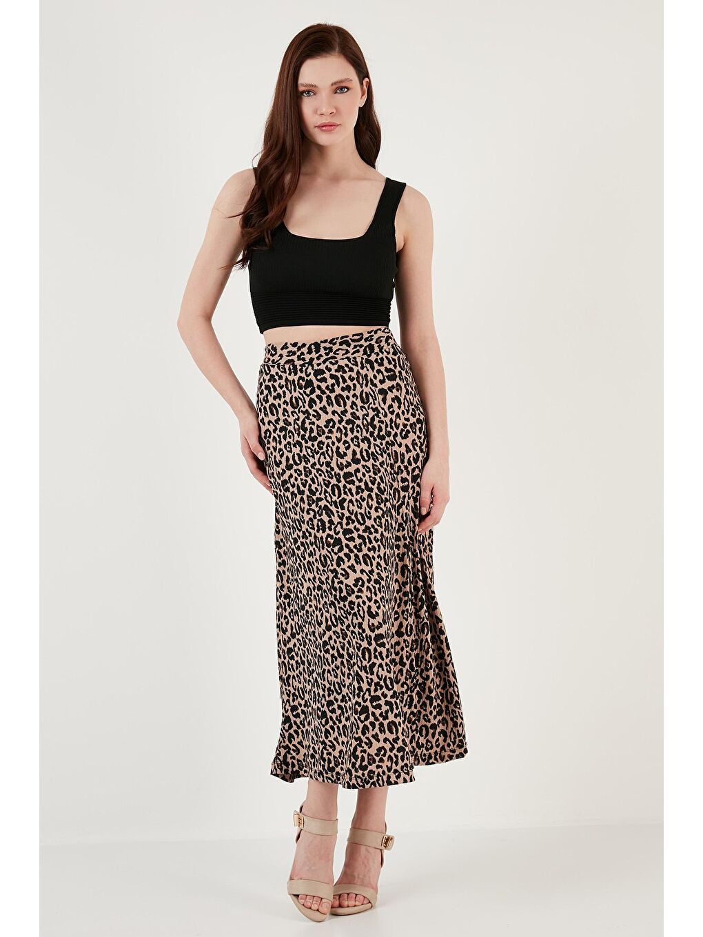 Kahverengi Desenli Midi Boy Yırtmaçlı Etek 5864498-1