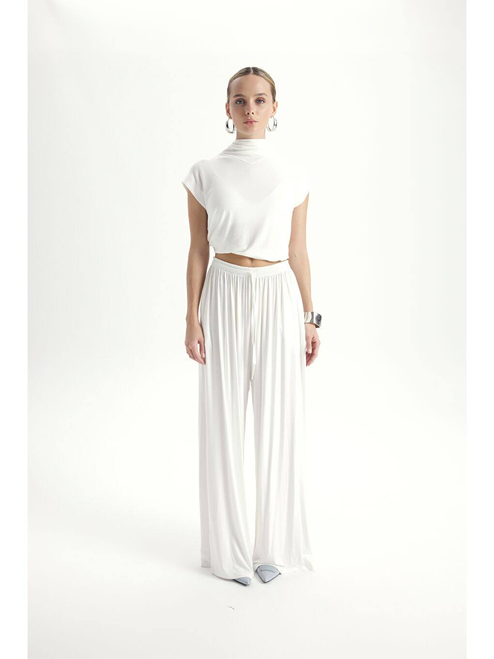 Merlin Bağlamalı Ekru Crop Pantolon Takım-1