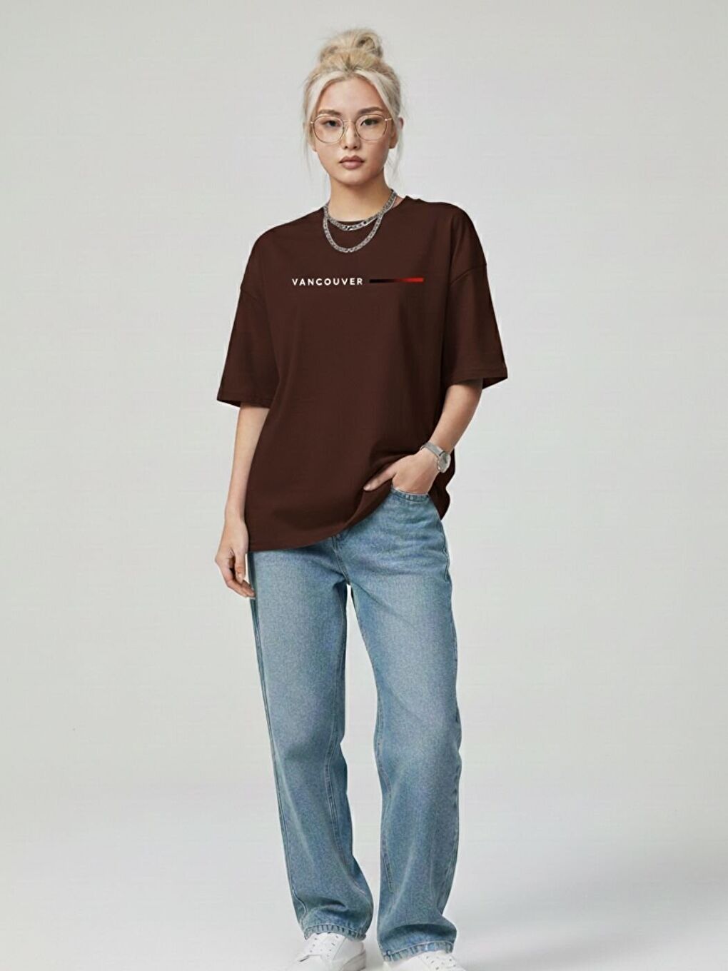 Kahverengi Kadın Kahve Vancouver Baskılı Oversize Tişört