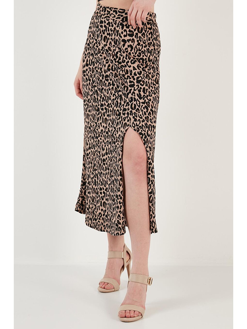 Kahverengi Desenli Midi Boy Yırtmaçlı Etek 5864498-2