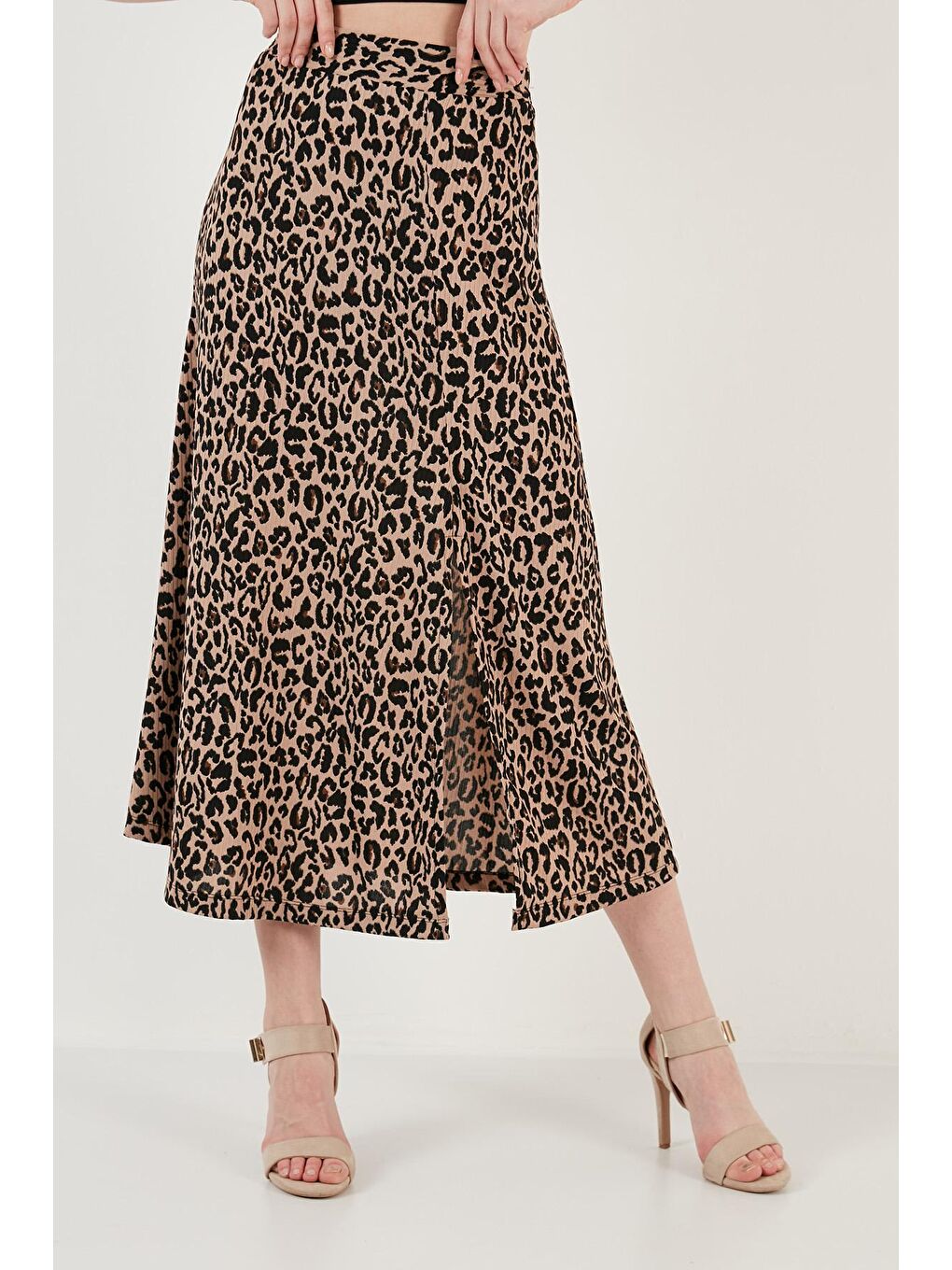 Kahverengi Desenli Midi Boy Yırtmaçlı Etek 5864498-3